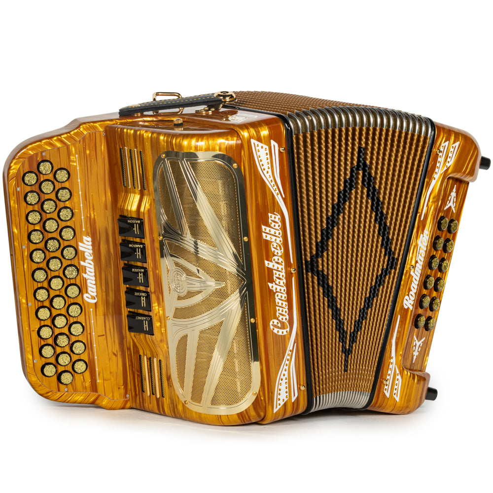 Cantabella Roadmaster Accordion Ultra Compact 5 Switch FBE Celluloid Gold Wood with Gold and Black Bellows Hermes Music