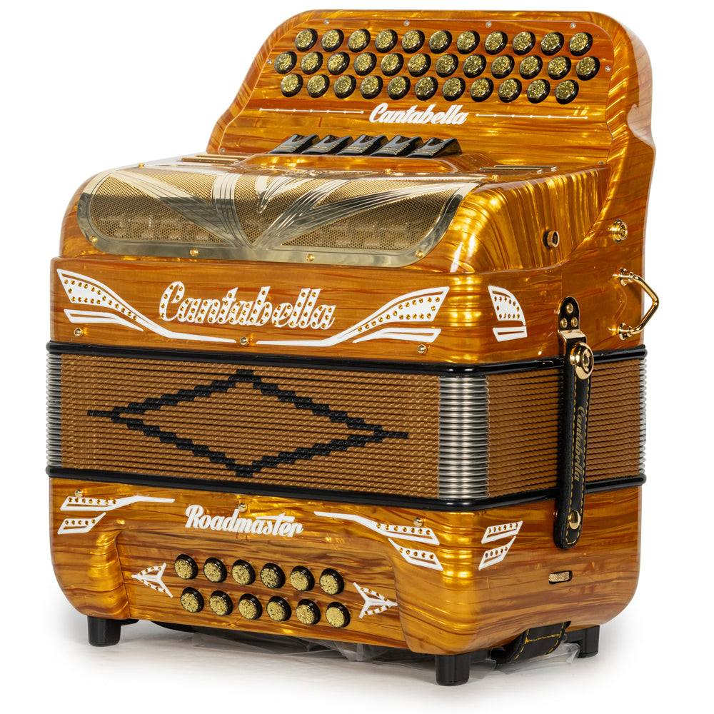 Cantabella Roadmaster Accordion Ultra Compact 5 Switch FBE Celluloid Gold Wood with Gold and Black Bellows Hermes Music