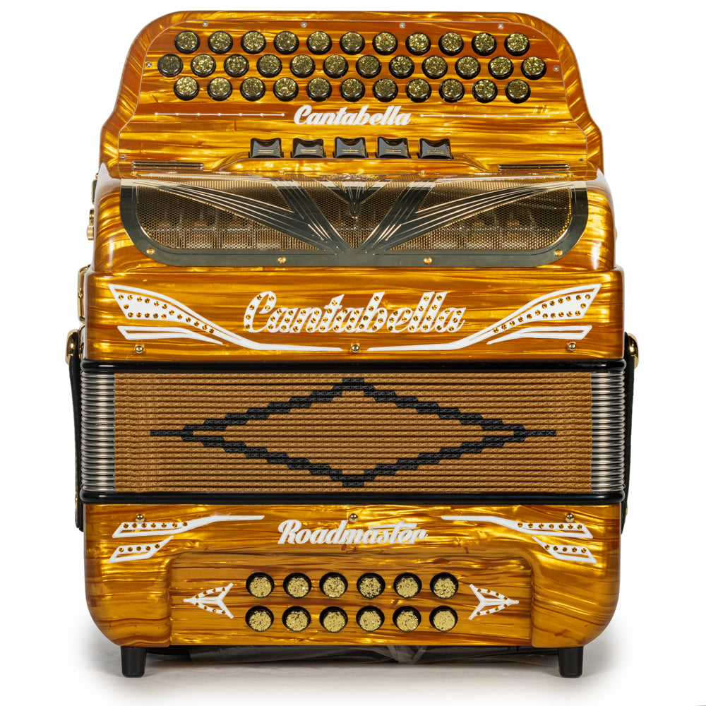Cantabella Roadmaster Accordion Ultra Compact 5 Switch FBE Celluloid Gold Wood with Gold and Black Bellows Hermes Music
