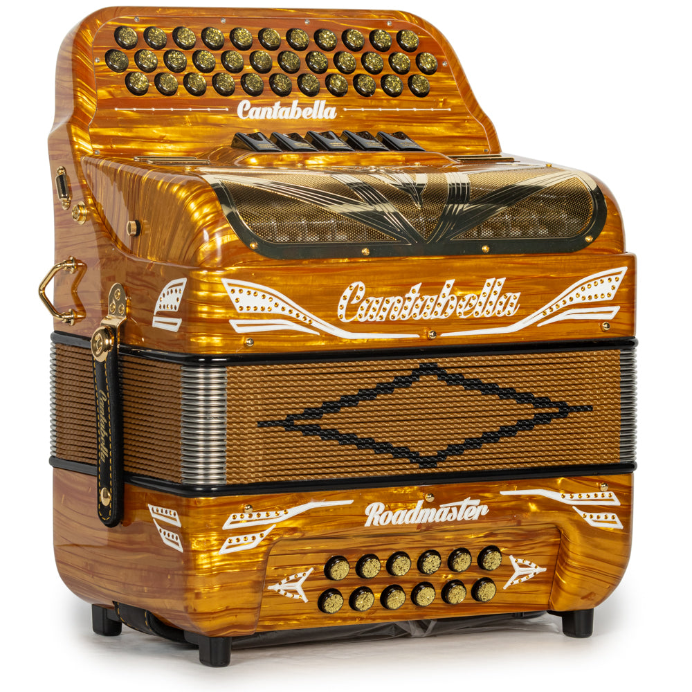 Cantabella Roadmaster Accordion Ultra Compact 5 Switch FBE Celluloid Gold Wood with Gold and Black Bellows Hermes Music