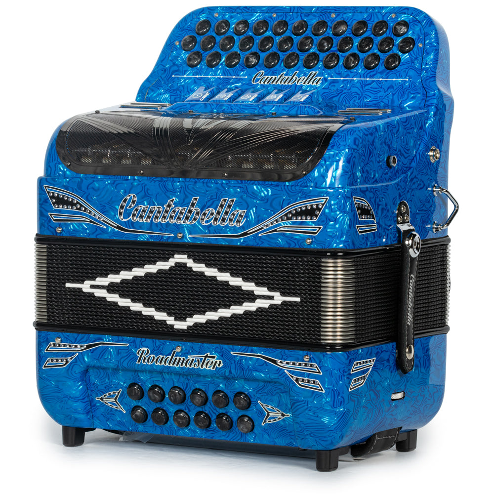 Cantabella Reina Accordion 5 Switch EAD Celluloid Blue Waves with Black and Painted Fretboard Hermes Music