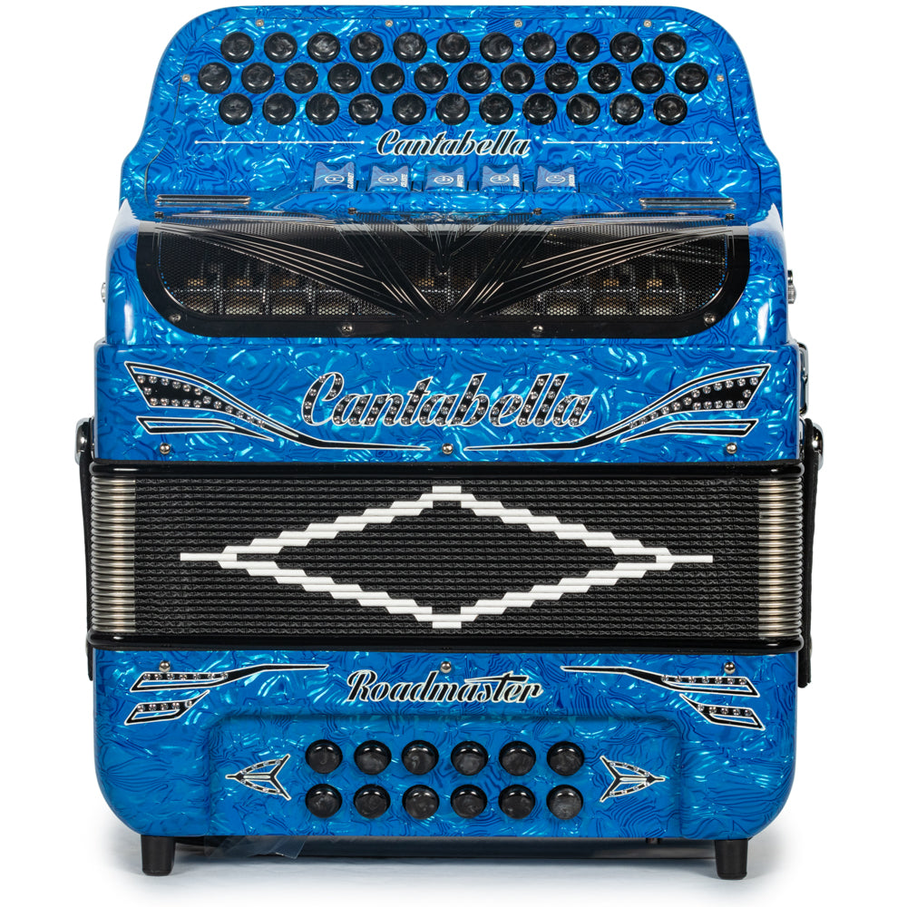 Cantabella Reina Accordion 5 Switch EAD Celluloid Blue Waves with Black and Painted Fretboard Hermes Music