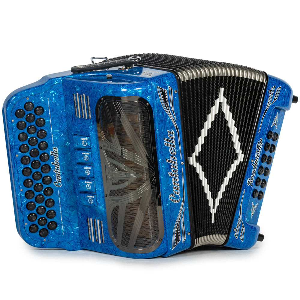 Cantabella Reina Accordion 5 Switch EAD Celluloid Blue Waves with Black and Painted Fretboard Hermes Music