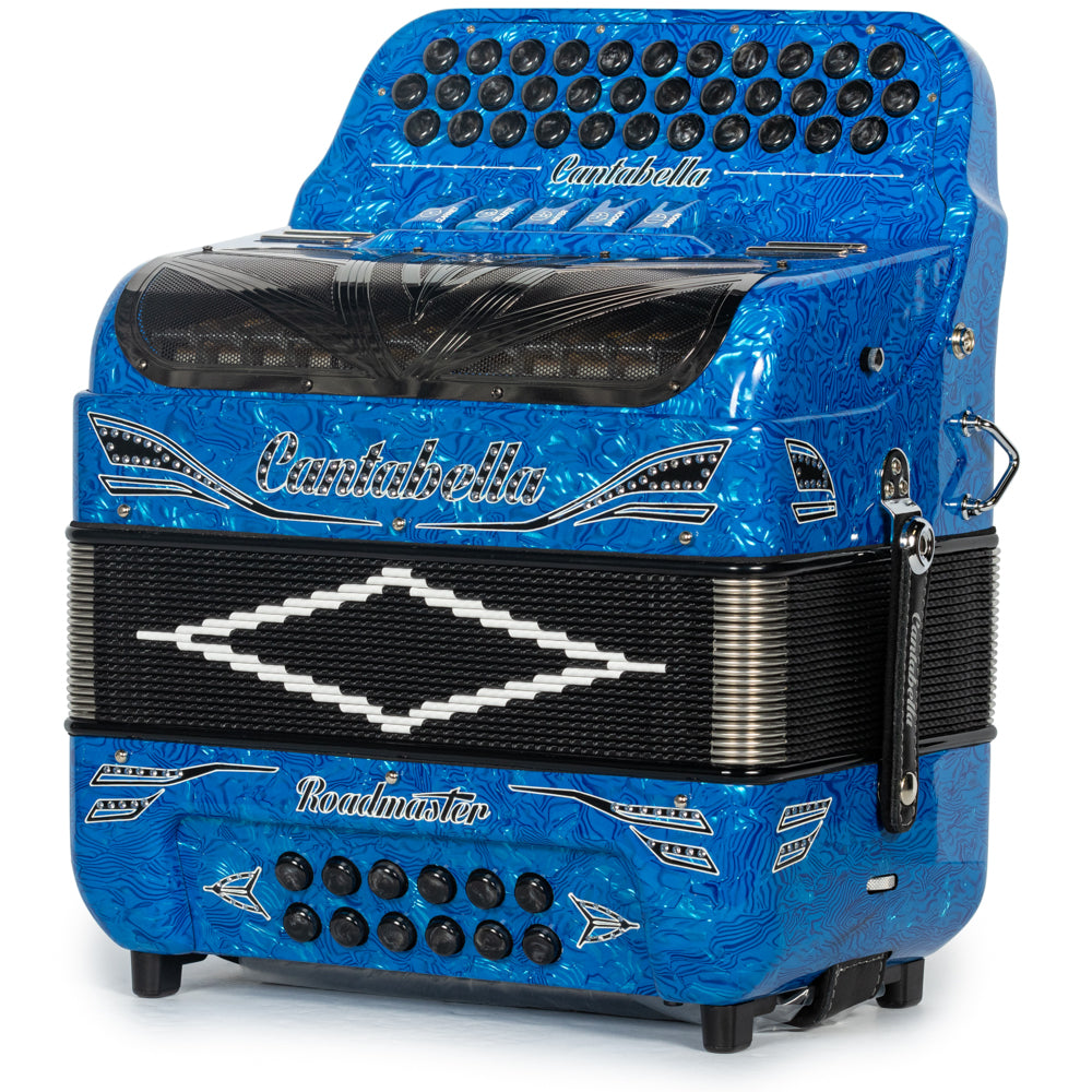 Cantabella Reina Accordion 5 Switch FBE Celluloid Blue Waves with Black and Painted Fretboard Hermes Music