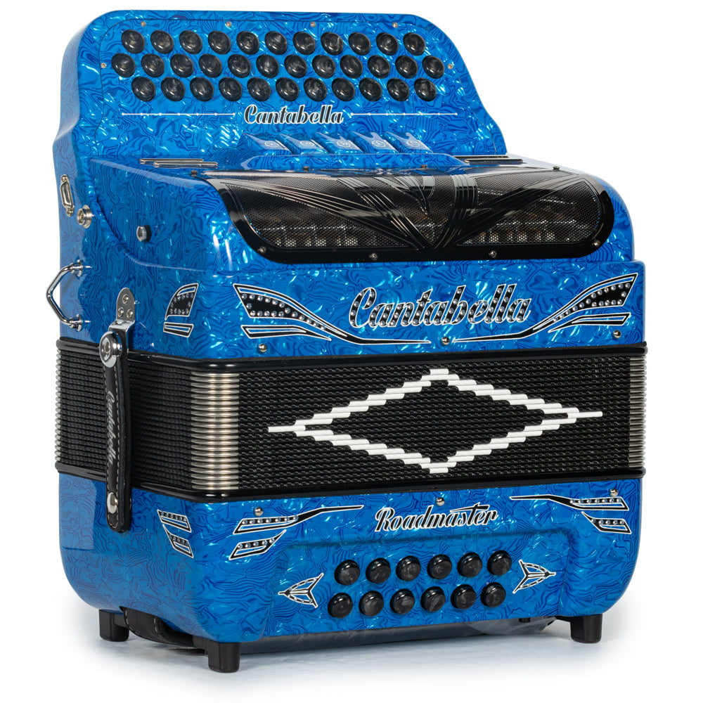 Cantabella Reina Accordion 5 Switch FBE Celluloid Blue Waves with Black and Painted Fretboard Hermes Music