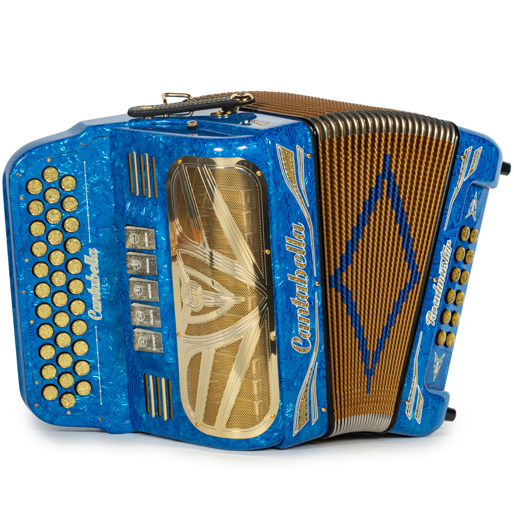 Cantabella Reina Accordion 5 Switch EAD Celluloid Blue Waves with Painted Fretboard and Gold Bellows Hermes Music