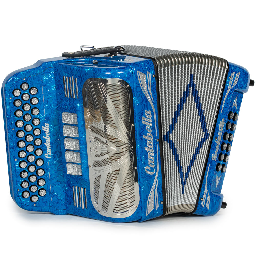 Cantabella Roadmaster Accordion 5 Switch FBE Celluloid Blue Waves Painted Fretboard with Silver and Blue Bellows Hermes Music