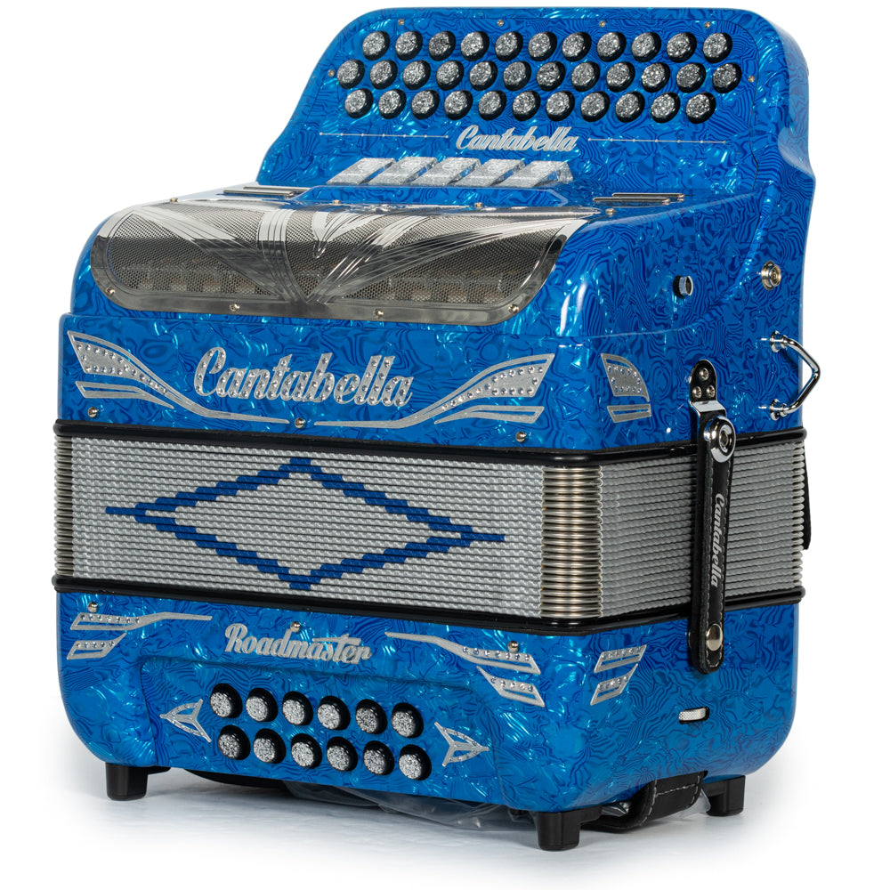 Cantabella Roadmaster Accordion 5 Switch FBE Celluloid Blue Waves Painted Fretboard with Silver and Blue Bellows Hermes Music