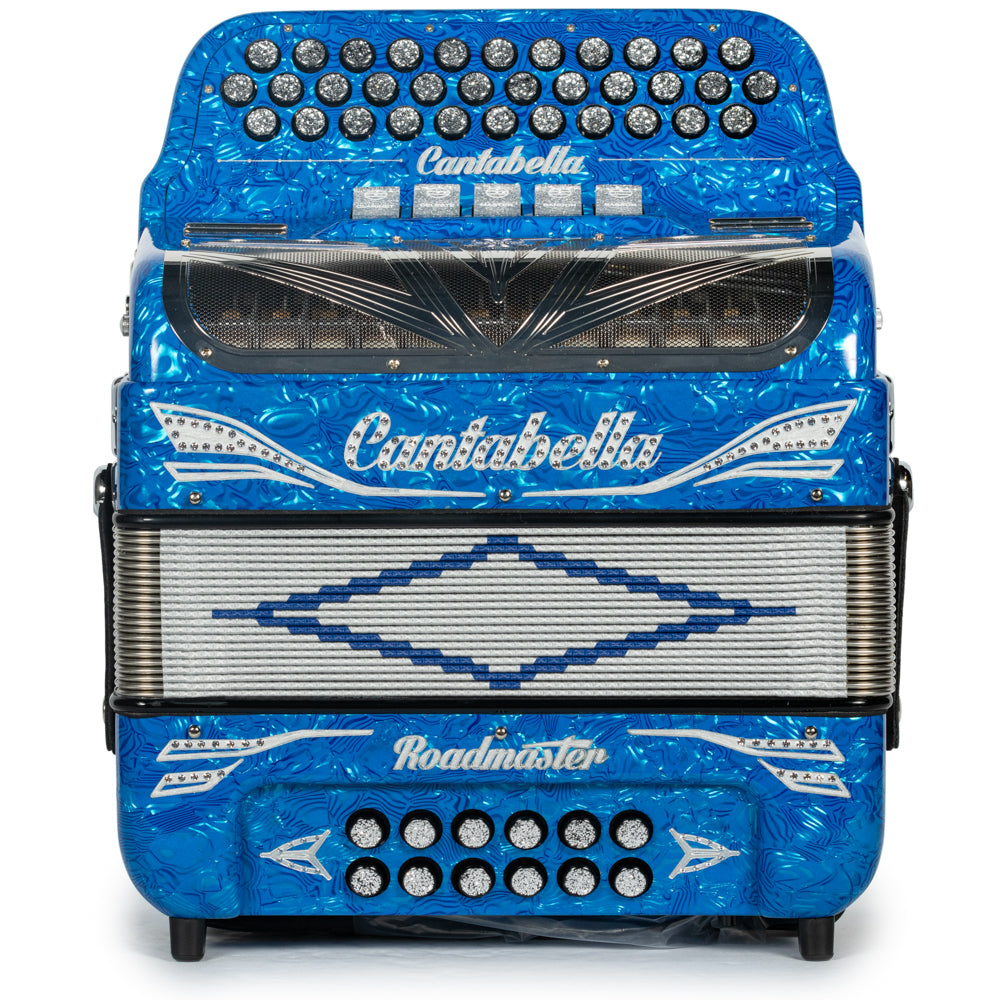 Cantabella Roadmaster Accordion 5 Switch FBE Celluloid Blue Waves Painted Fretboard with Silver and Blue Bellows Hermes Music