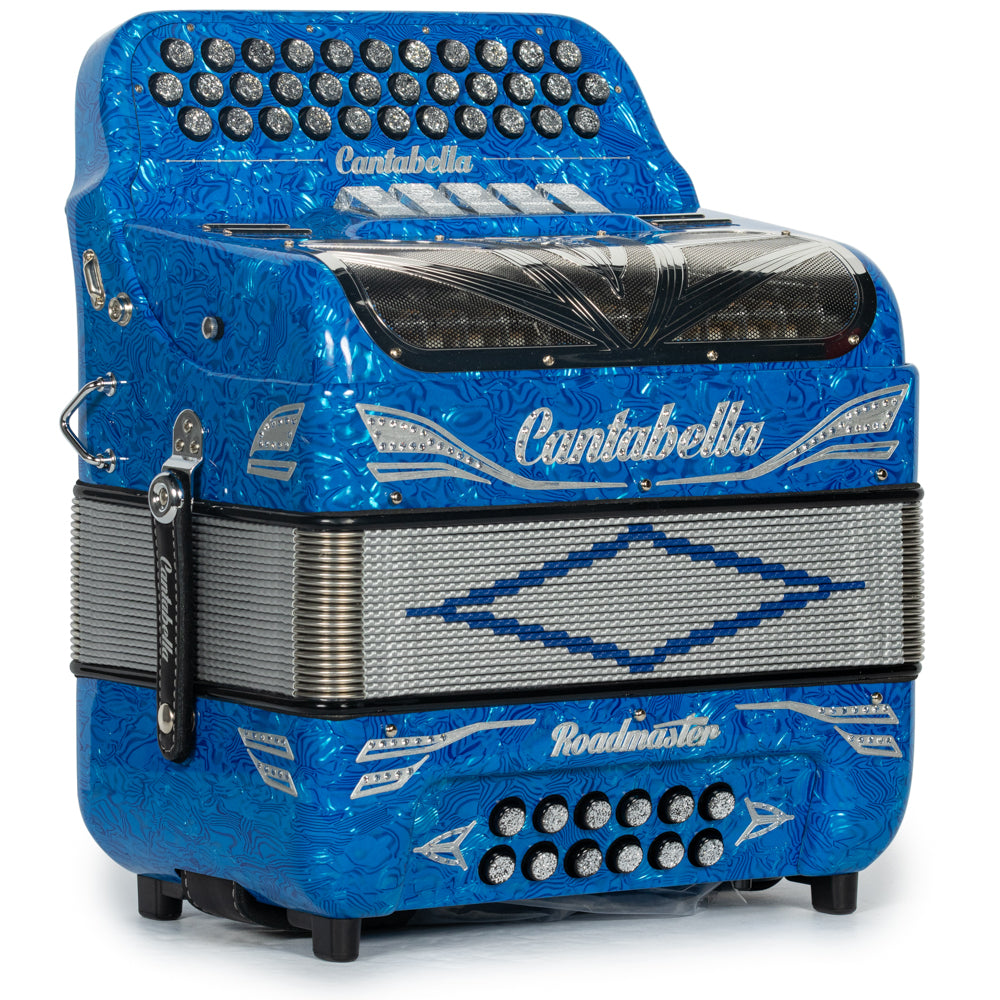 Cantabella Roadmaster Accordion 5 Switch FBE Celluloid Blue Waves Painted Fretboard with Silver and Blue Bellows Hermes Music