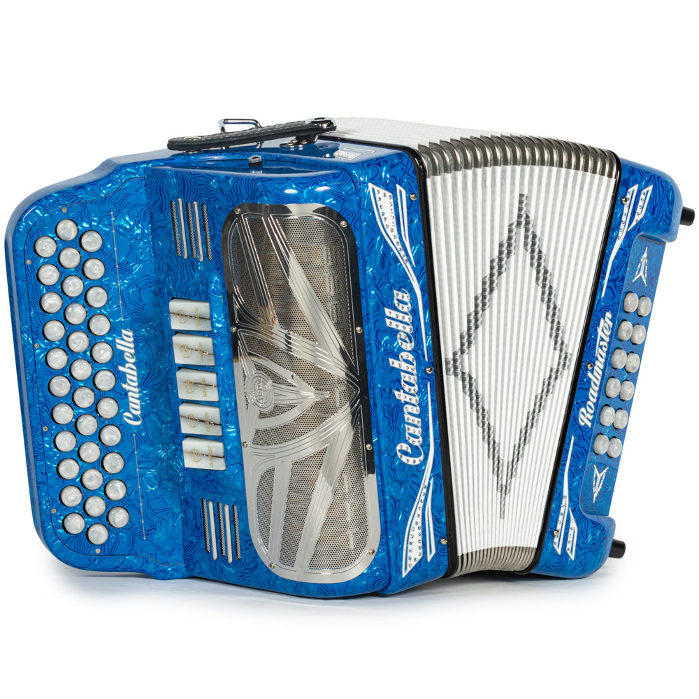 Cantabella Roadmaster Accordion 5 Switch EAD Celluloid Blue Waves with Painted Fretboard and White Bellows Hermes Music