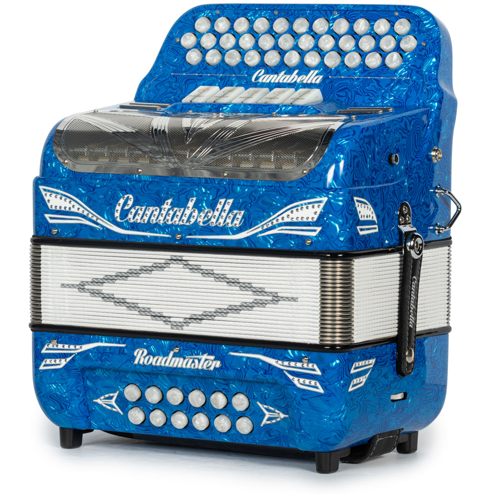 Cantabella Roadmaster Accordion 5 Switch EAD Celluloid Blue Waves with Painted Fretboard and White Bellows Hermes Music