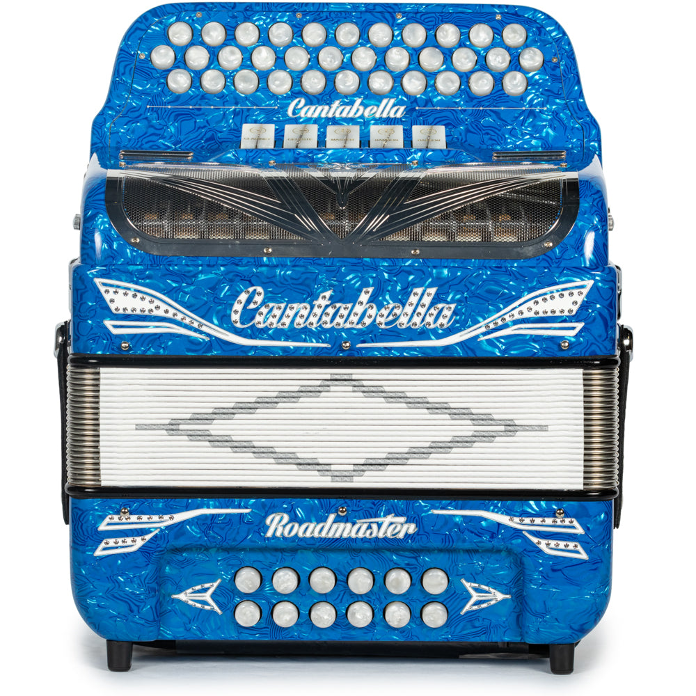 Cantabella Roadmaster Accordion 5 Switch EAD Celluloid Blue Waves with Painted Fretboard and White Bellows Hermes Music