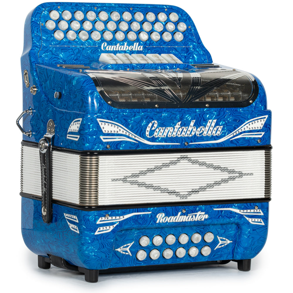 Cantabella Roadmaster Accordion 5 Switch EAD Celluloid Blue Waves with Painted Fretboard and White Bellows Hermes Music