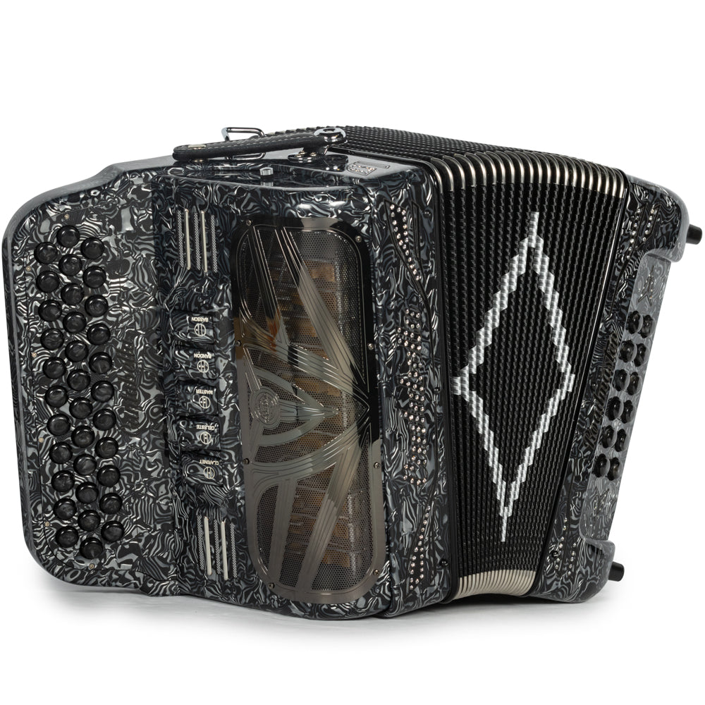 Cantabella Roadmaster Accordion 5 Switch FBE Celluloid Grey Waves with Black and Painted Fretboard