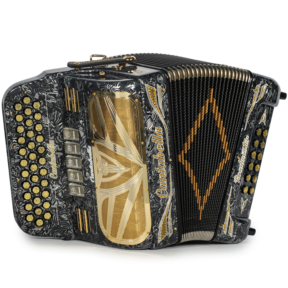 Cantabella Roadmaster Accordion 5 Switch FBE Celluloid Grey Waves with Gold and Painted Fretboard Hermes Music