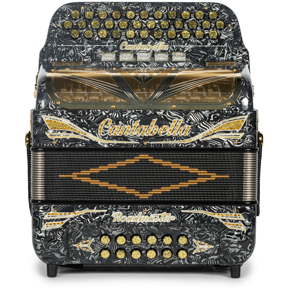 Cantabella Roadmaster Accordion 5 Switch EAD Celluloid Grey Waves with Gold and Painted Fretboard Hermes Music