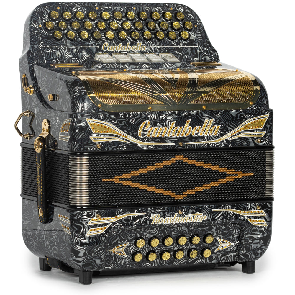 Cantabella Roadmaster Accordion 5 Switch FBE Celluloid Grey Waves with Gold and Painted Fretboard Hermes Music