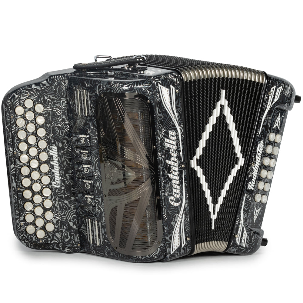 Cantabella Roadmaster Accordion 5 Switch FBE Celluloid Grey Waves with White and Painted Fretboard Hermes Music