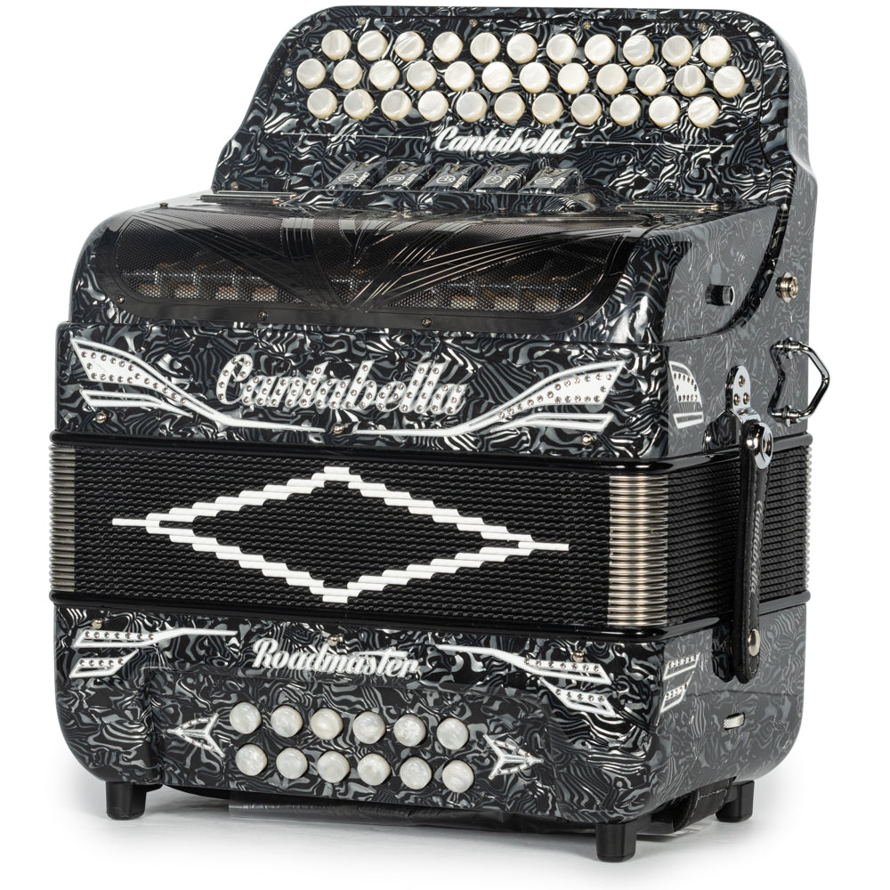 Cantabella Roadmaster Accordion 5 Switch FBE Celluloid Grey Waves with White and Painted Fretboard Hermes Music