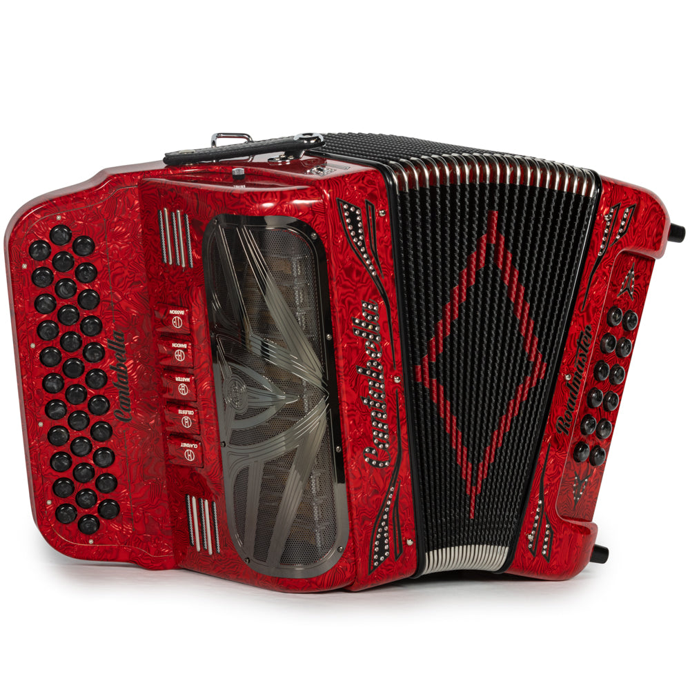 Cantabella Roadmaster Accordion Ultra Compact 5 Switch EAD Celluloid Wavy Red with Black Details and Painted Fretboard Hermes Music