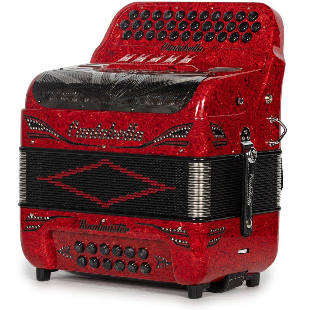 Cantabella Roadmaster Accordion Ultra Compact 5 Switch EAD Celluloid Wavy Red with Black Details and Painted Fretboard Hermes Music