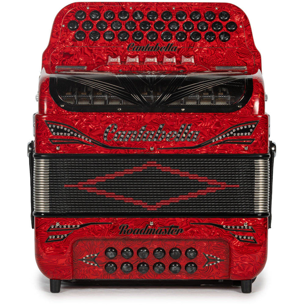 Cantabella Roadmaster Accordion Ultra Compact 5 Switch EAD Celluloid Wavy Red with Black Details and Painted Fretboard Hermes Music