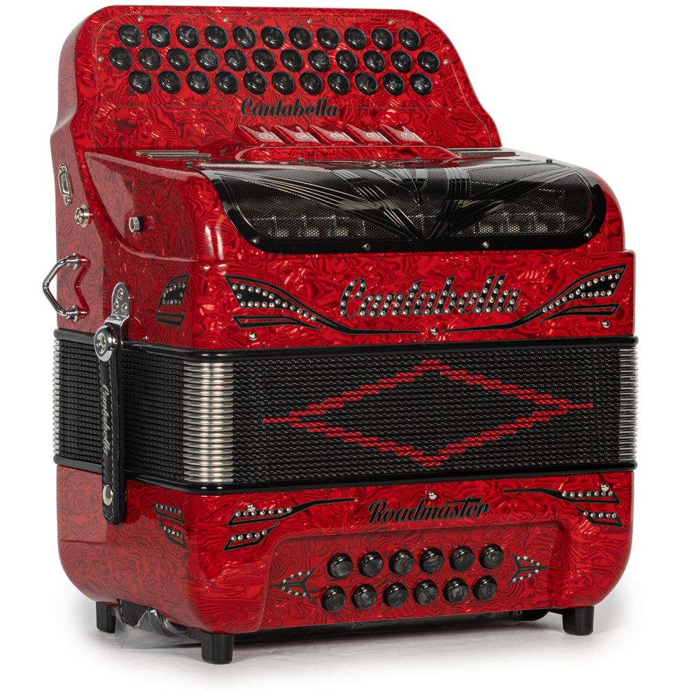 Cantabella Roadmaster Accordion Ultra Compact 5 Switch EAD Celluloid Wavy Red with Black Details and Painted Fretboard Hermes Music
