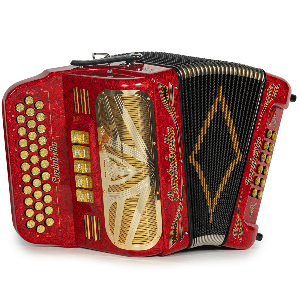 Cantabella Roadmaster Accordion Ultra Compact 5 Switch FBE Celluloid Wavy Red with Black and Gold and Painted Fretboard Hermes Music