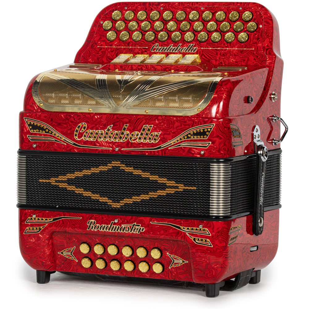 Cantabella Roadmaster Accordion Ultra Compact 5 Switch FBE Celluloid Wavy Red with Black and Gold and Painted Fretboard Hermes Music