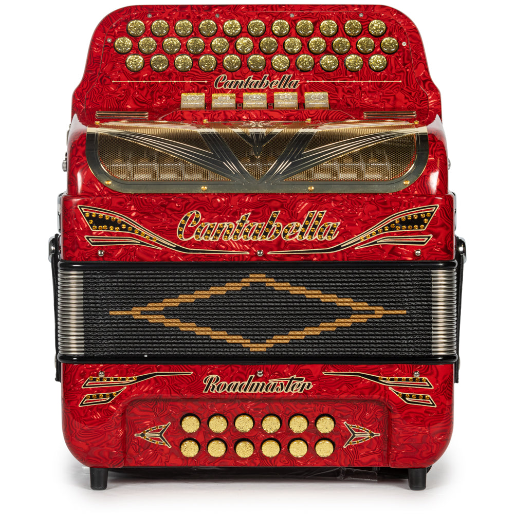 Cantabella Roadmaster Accordion Ultra Compact 5 Switch FBE Celluloid Wavy Red with Black and Gold and Painted Fretboard Hermes Music