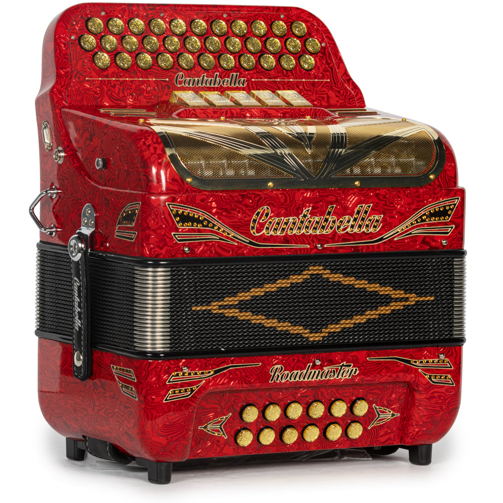 Cantabella Roadmaster Accordion Ultra Compact 5 Switch FBE Celluloid Wavy Red with Black and Gold and Painted Fretboard Hermes Music