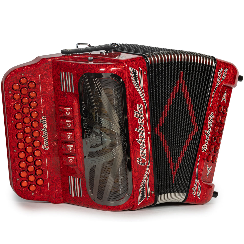 Cantabella Roadmaster Accordion Ultra Compact 5 Switch FBE Celluloid Wavy Red with Black and White and Painted Fretboard Hermes Music