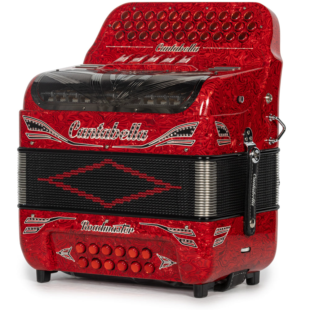 Cantabella Roadmaster Accordion Ultra Compact 5 Switch FBE Celluloid Wavy Red with Black and White and Painted Fretboard Hermes Music