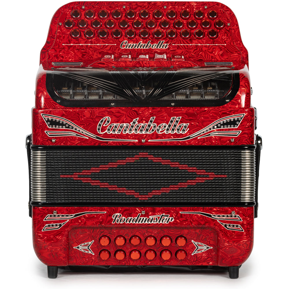 Cantabella Roadmaster Accordion Ultra Compact 5 Switch FBE Celluloid Wavy Red with Black and White and Painted Fretboard Hermes Music
