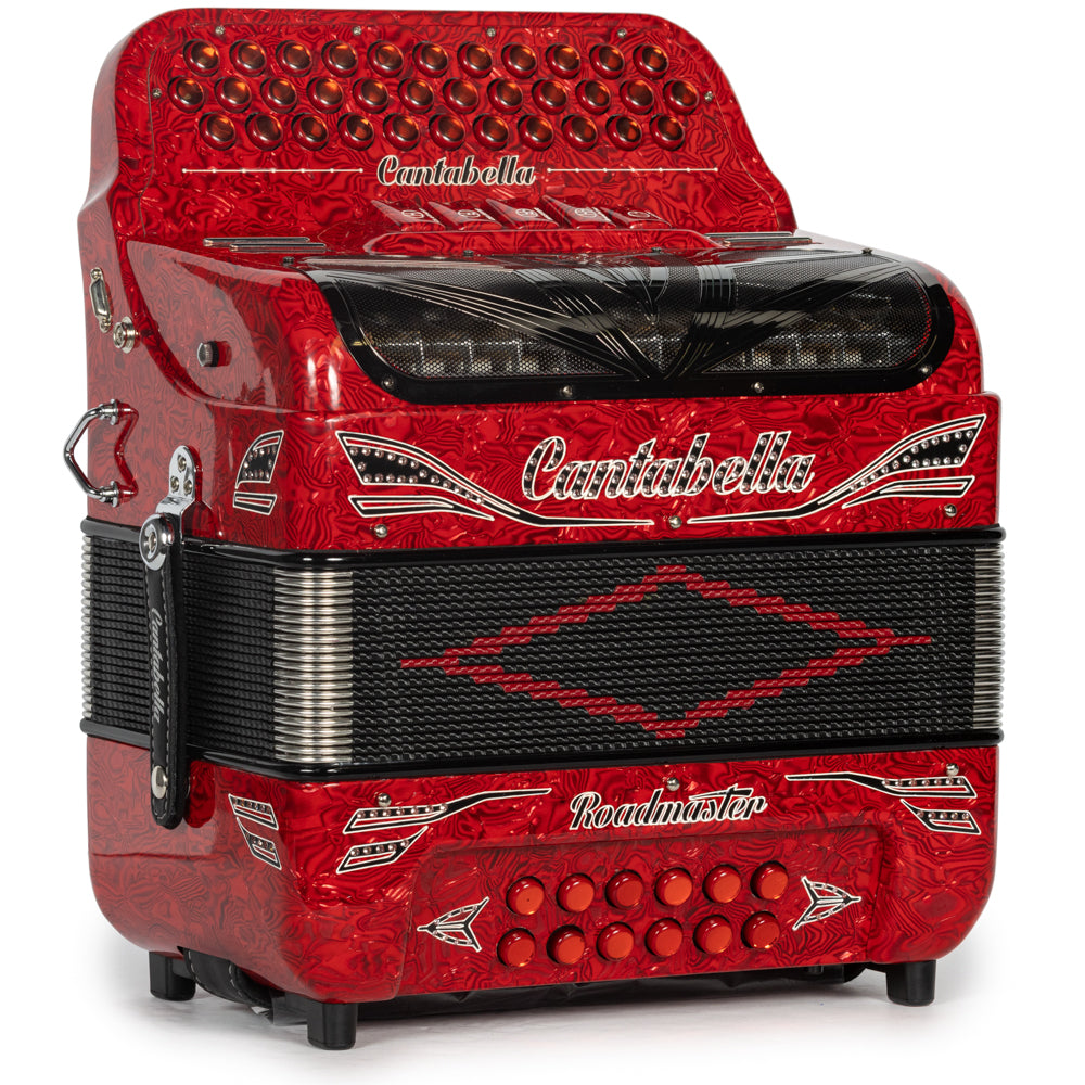 Cantabella Roadmaster Accordion Ultra Compact 5 Switch FBE Celluloid Wavy Red with Black and White and Painted Fretboard Hermes Music