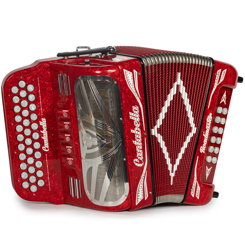 Cantabella Roadmaster Accordion Ultra Compact 5 Switch GCF Celluloid Wavy Red and White with Painted Fretboard and Red Bellows Hermes Music