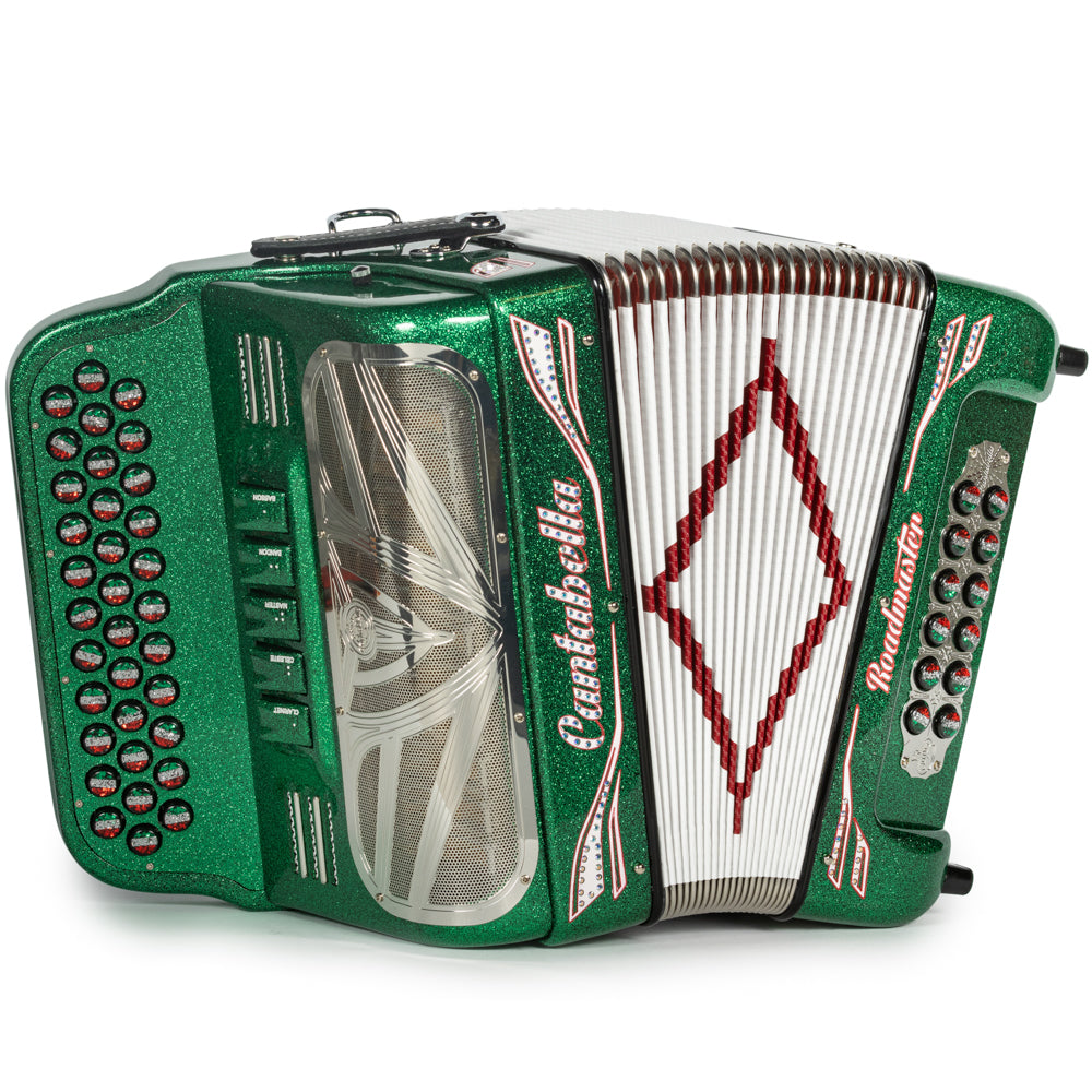 Cantabella Reina Accordion 5 Switch FBE Green Glitter with Red White and Green and Painted Fretboard Hermes Music