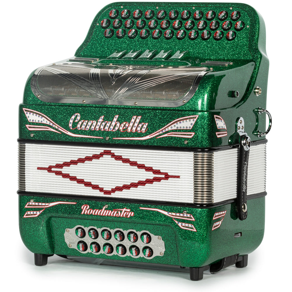 Cantabella Reina Accordion 5 Switch FBE Green Glitter with Red White and Green and Painted Fretboard Hermes Music