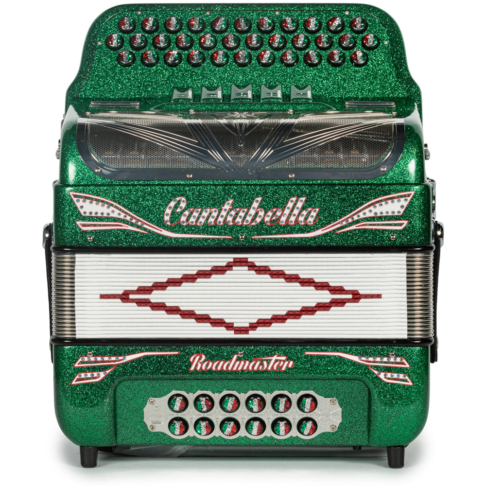 Cantabella Reina Accordion 5 Switch FBE Green Glitter with Red White and Green and Painted Fretboard Hermes Music Hermes Music