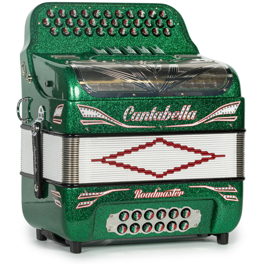 Cantabella Reina Accordion 5 Switch FBE Green Glitter with Red White and Green and Painted Fretboard Hermes Music