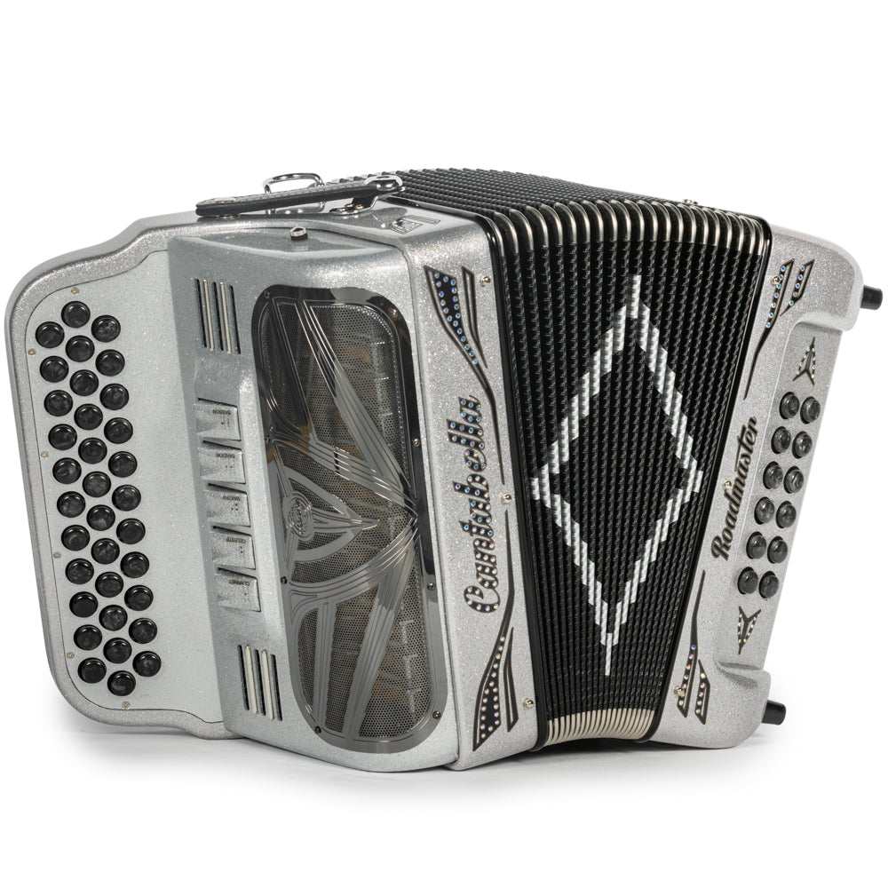 Cantabella Roadmaster Accordion Ultra Compact 5 Switch FBE Silver Glitter with Black and Painted Fretboard Hermes Music