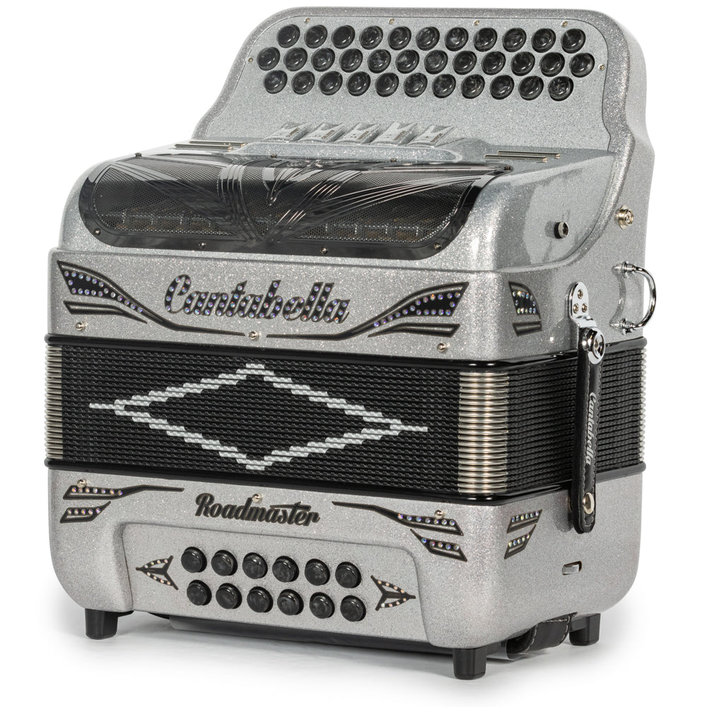 Cantabella Roadmaster Accordion Ultra Compact 5 Switch FBE Silver Glitter with Black and Painted Fretboard Hermes Music
