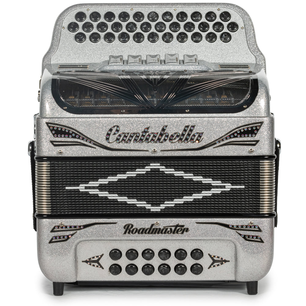 Cantabella Roadmaster Accordion Ultra Compact 5 Switch FBE Silver Glitter with Black and Painted Fretboard Hermes Music