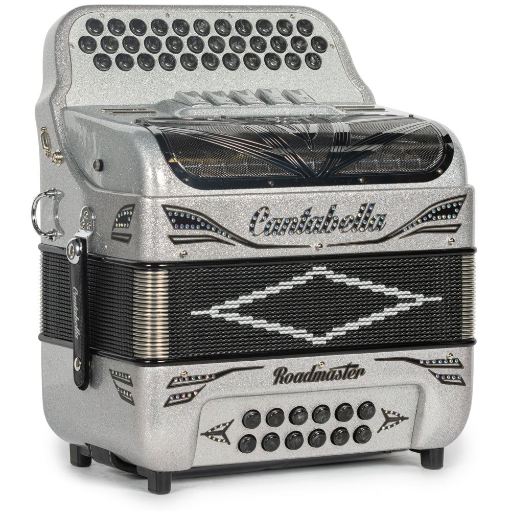 Cantabella Roadmaster Accordion Ultra Compact 5 Switch FBE Silver Glitter with Black and Painted Fretboard Hermes Music