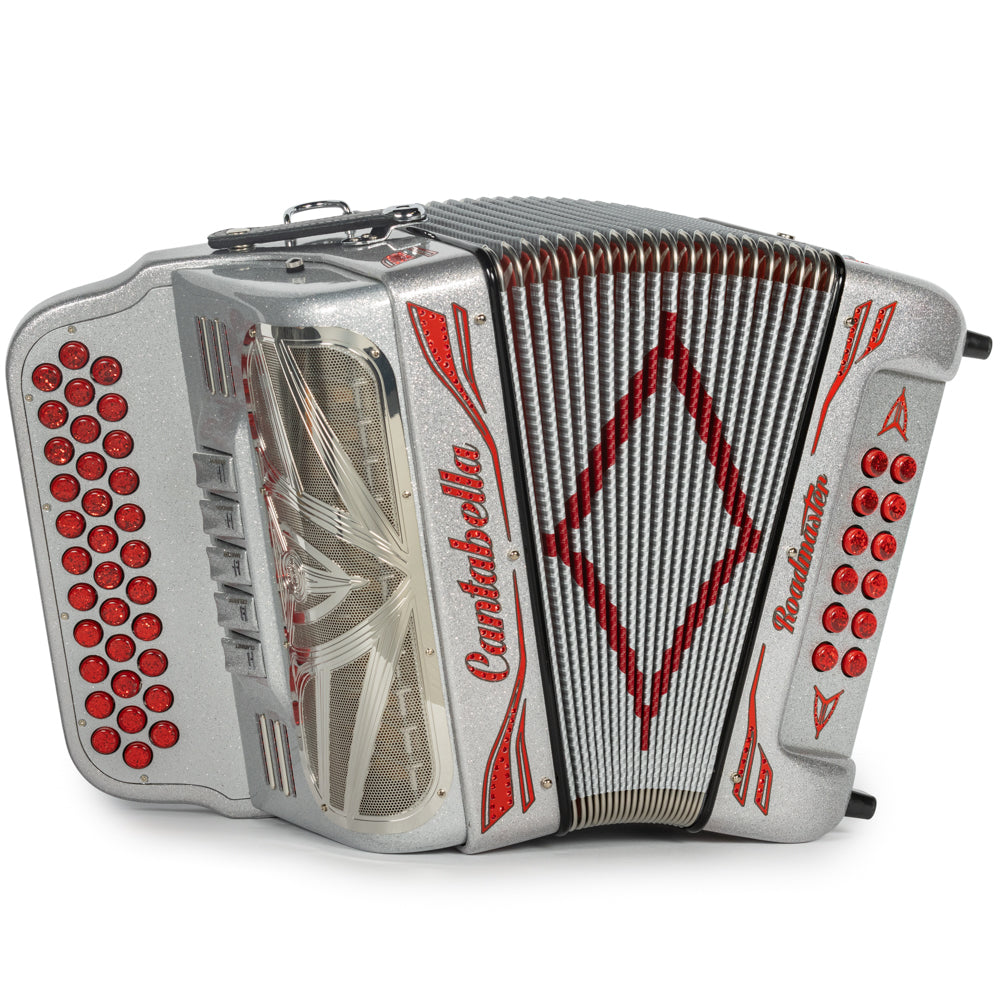 Cantabella Roadmaster Accordion 5 Switch GCF Silver Glitter with Red Painted Fretboard-accordions-Cantabella-Hermes Music-Accordion Pro Shop