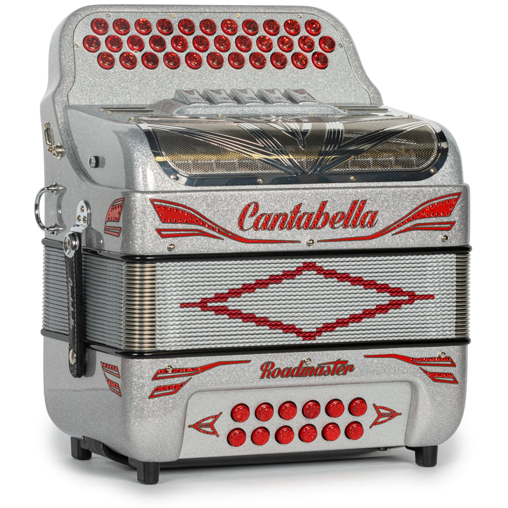 Cantabella Roadmaster Accordion 5 Switch GCF Silver Glitter with Red Painted Fretboard-accordions-Cantabella-Hermes Music-Accordion Pro Shop