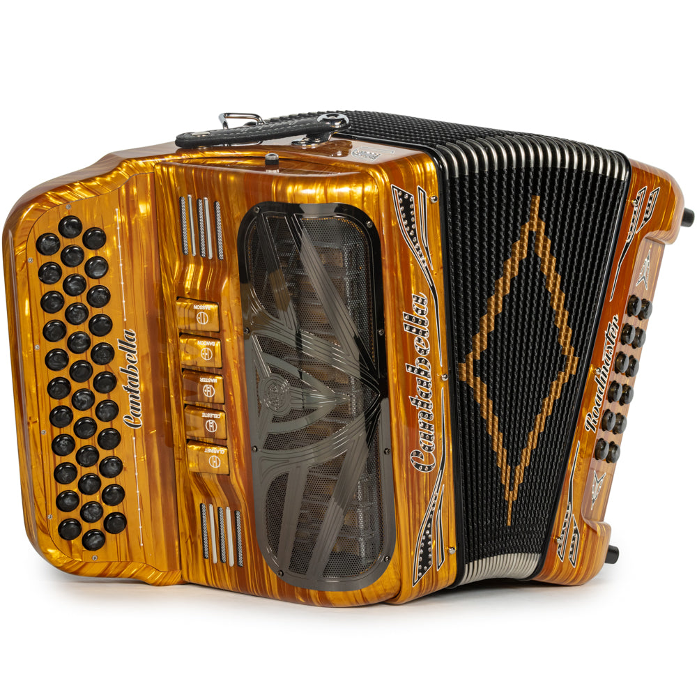 Cantabella Roadmaster Accordion Ultra Compact 5 Switch FBE Celluloid Gold Wood with Black and Painted Fretboard Hermes Music