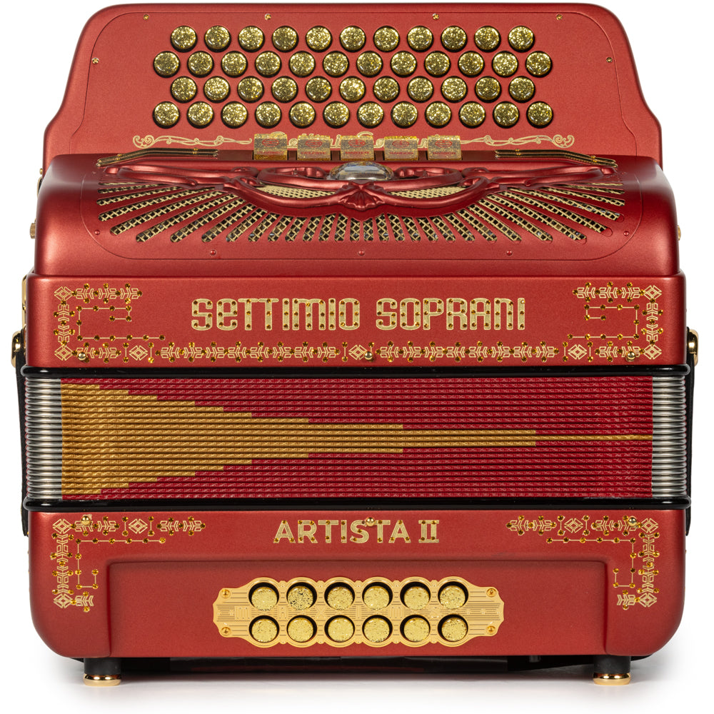 Settimio Soprani Artista II 5 Switch 46 Button Accordion FBE Matte Red with Gold-Settimio Soprani-Hermes Music-Accordion Pro Shop