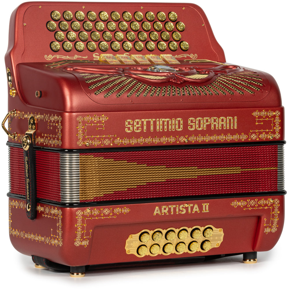 Settimio Soprani Artista II 5 Switch 46 Button Accordion FBE Matte Red with Gold-Settimio Soprani-Hermes Music-Accordion Pro Shop